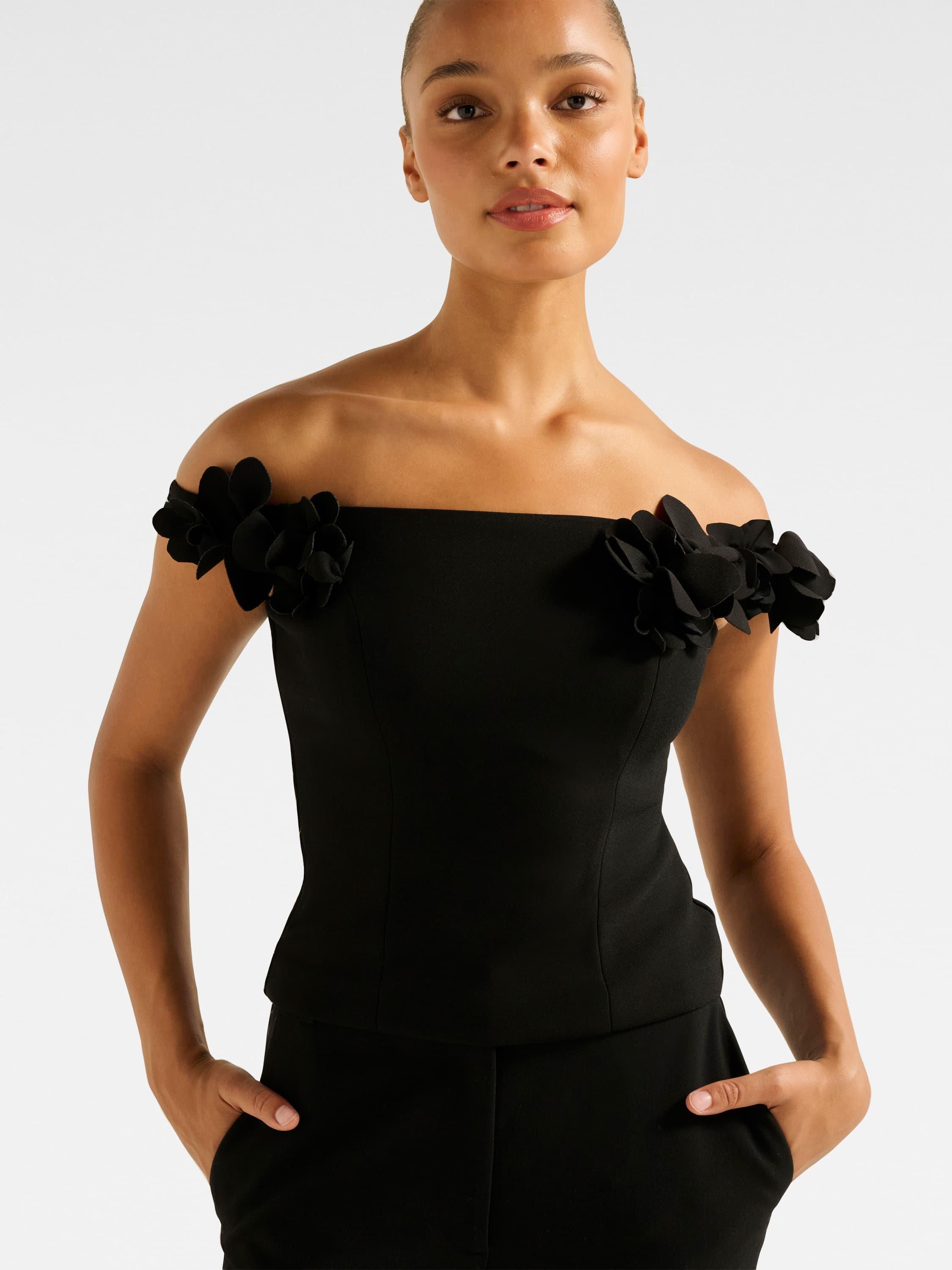 Product image 4 of 5, which shows Forever New Faye Applique Bardot Neck Top, Black, L