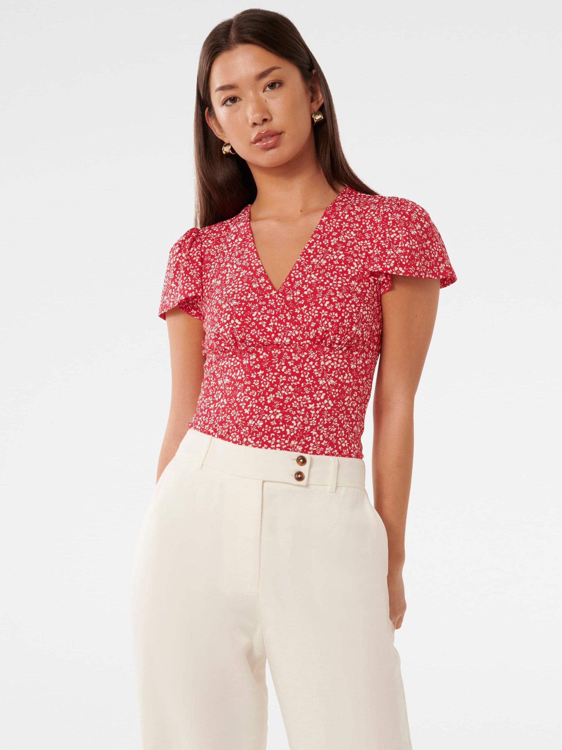 Product image 1 of 5, which shows Forever New Lulu Floral Flutter Sleeve Top, Red Park, L