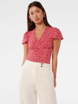 Forever New Lulu Floral Flutter Sleeve Top, Red Park, Red Park