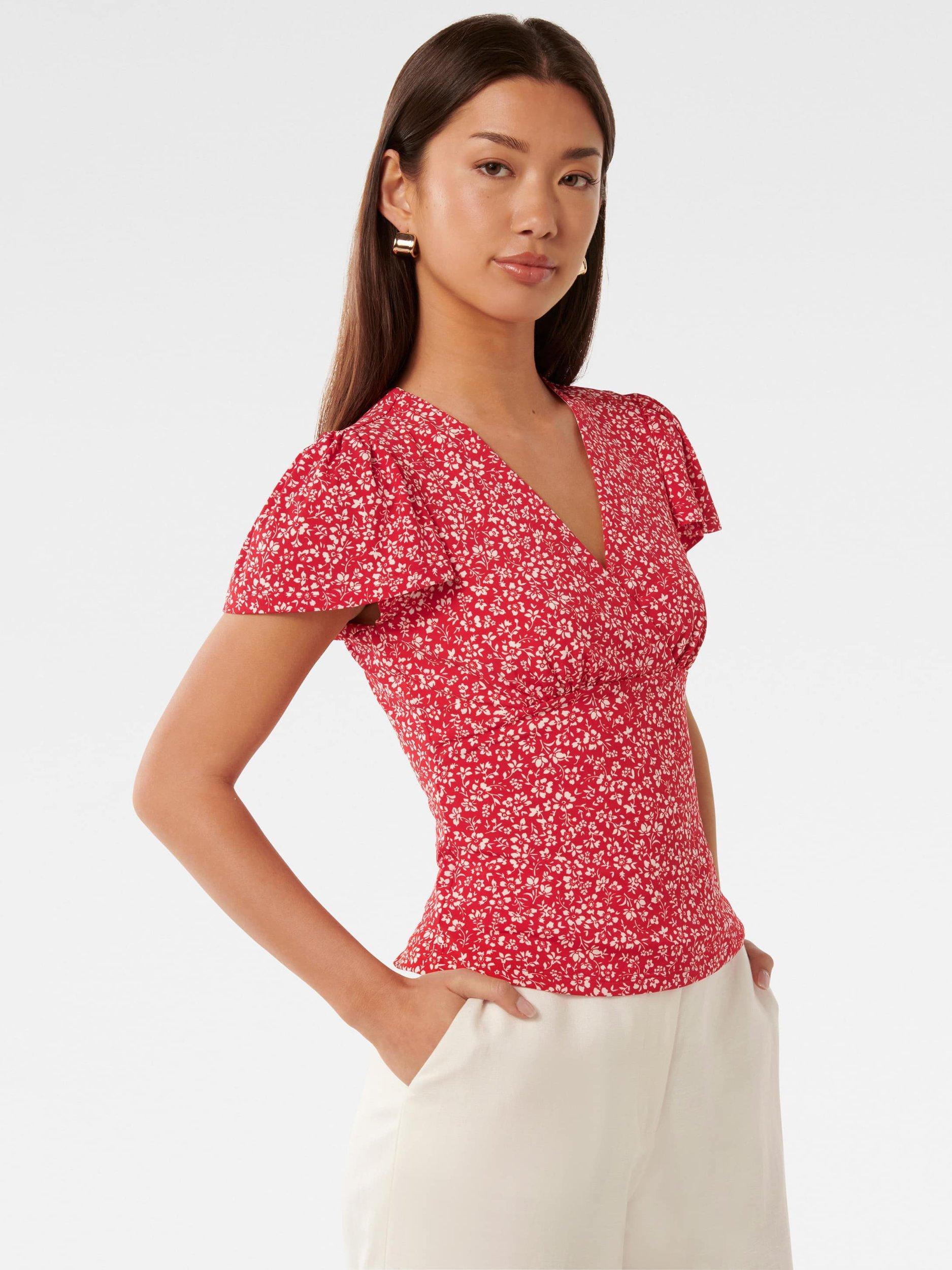 Product image 3 of 5, which shows Forever New Lulu Floral Flutter Sleeve Top, Red Park, L