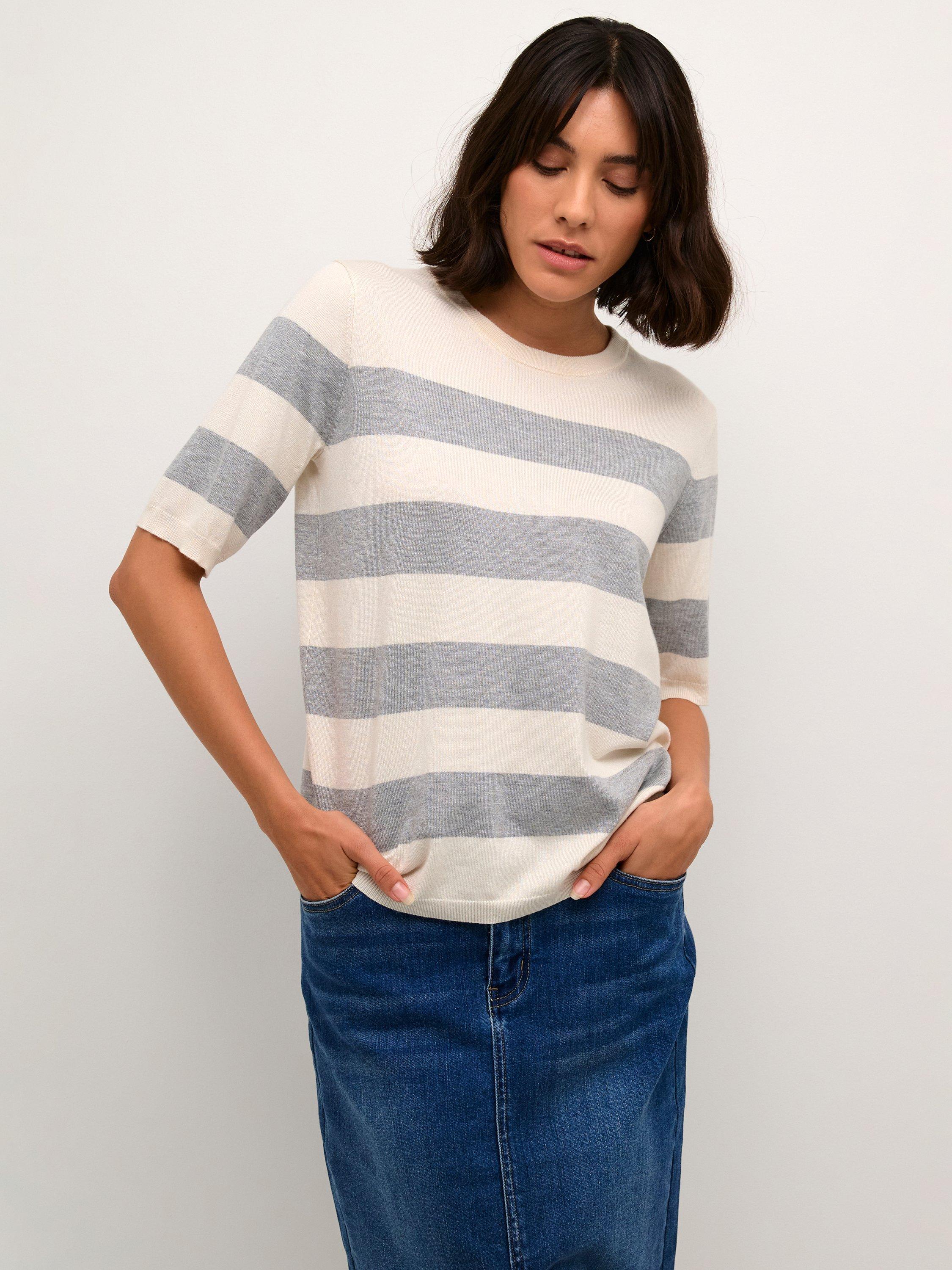 Product image 1 of 5, which shows KAFFE Lizza Stripe Elbow Sleeve Jumper, Grey/White, XS