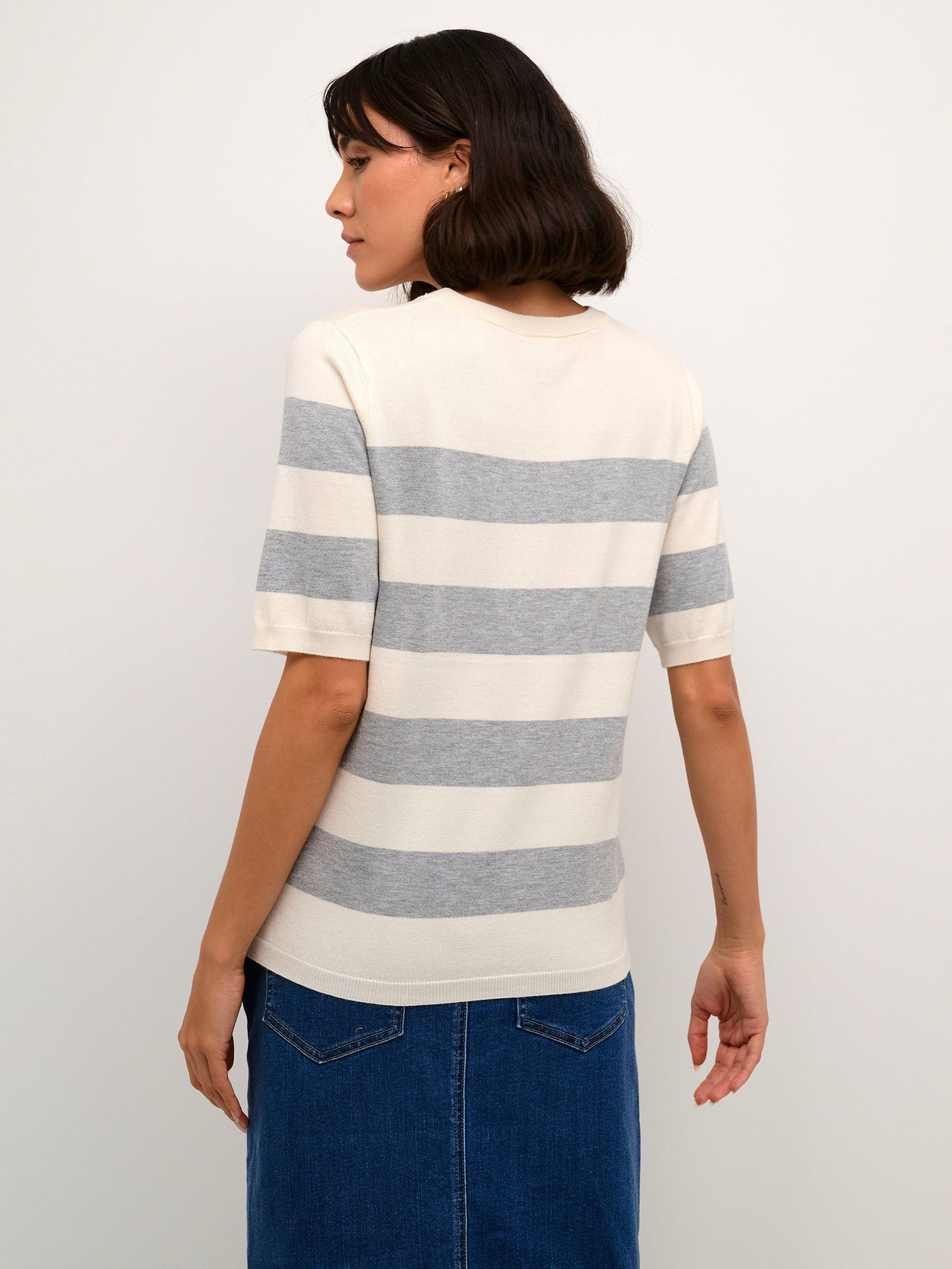 Product image 2 of 5, which shows KAFFE Lizza Stripe Elbow Sleeve Jumper, Grey/White, XS