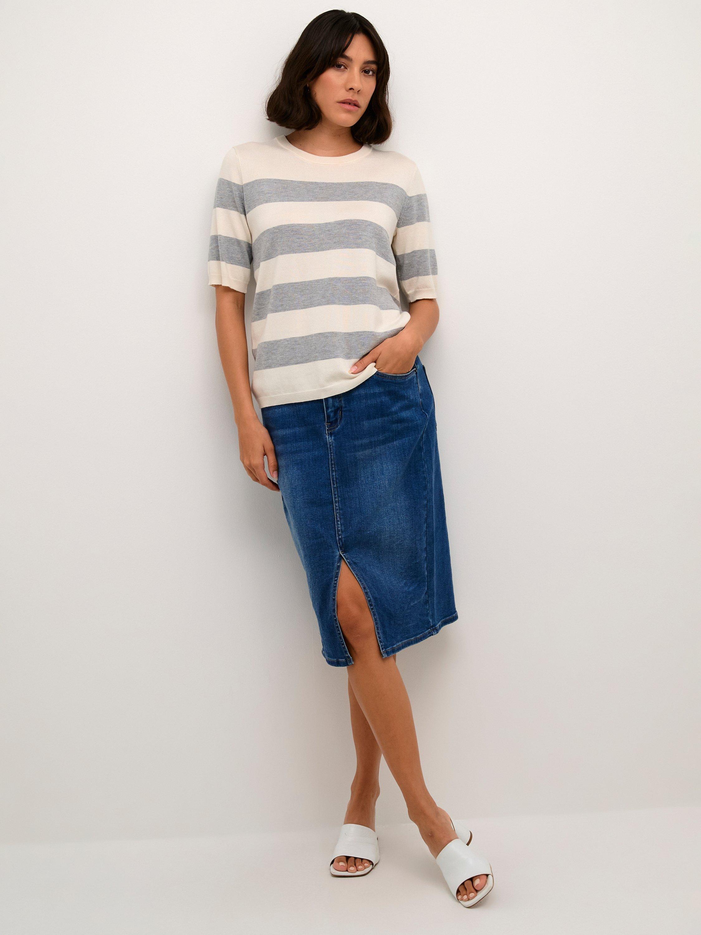 Product image 3 of 5, which shows KAFFE Lizza Stripe Elbow Sleeve Jumper, Grey/White, XS