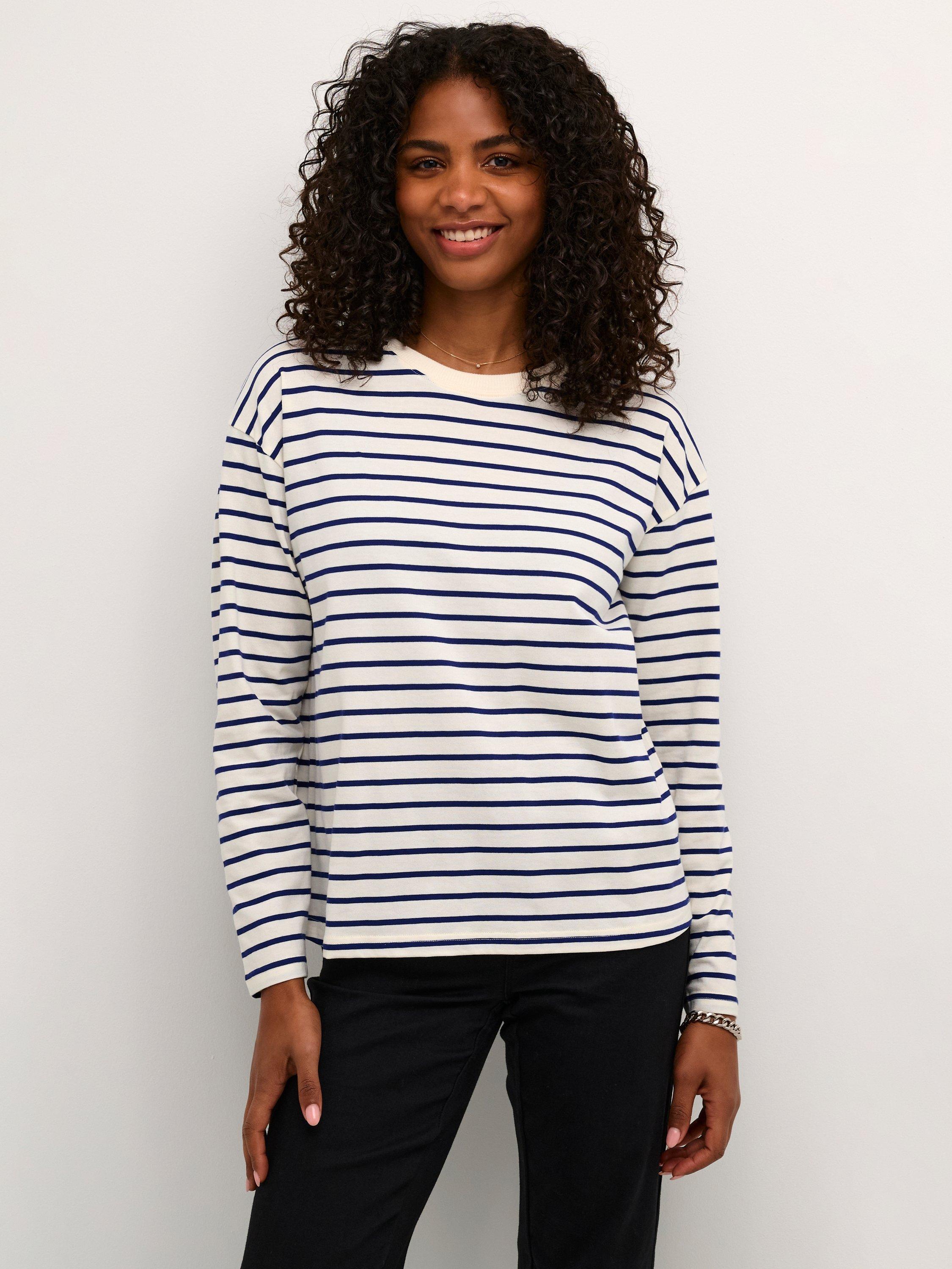 Product image 1 of 6, which shows KAFFE Winny Stripe Long Sleeve Top, Antique White/Blue, XS