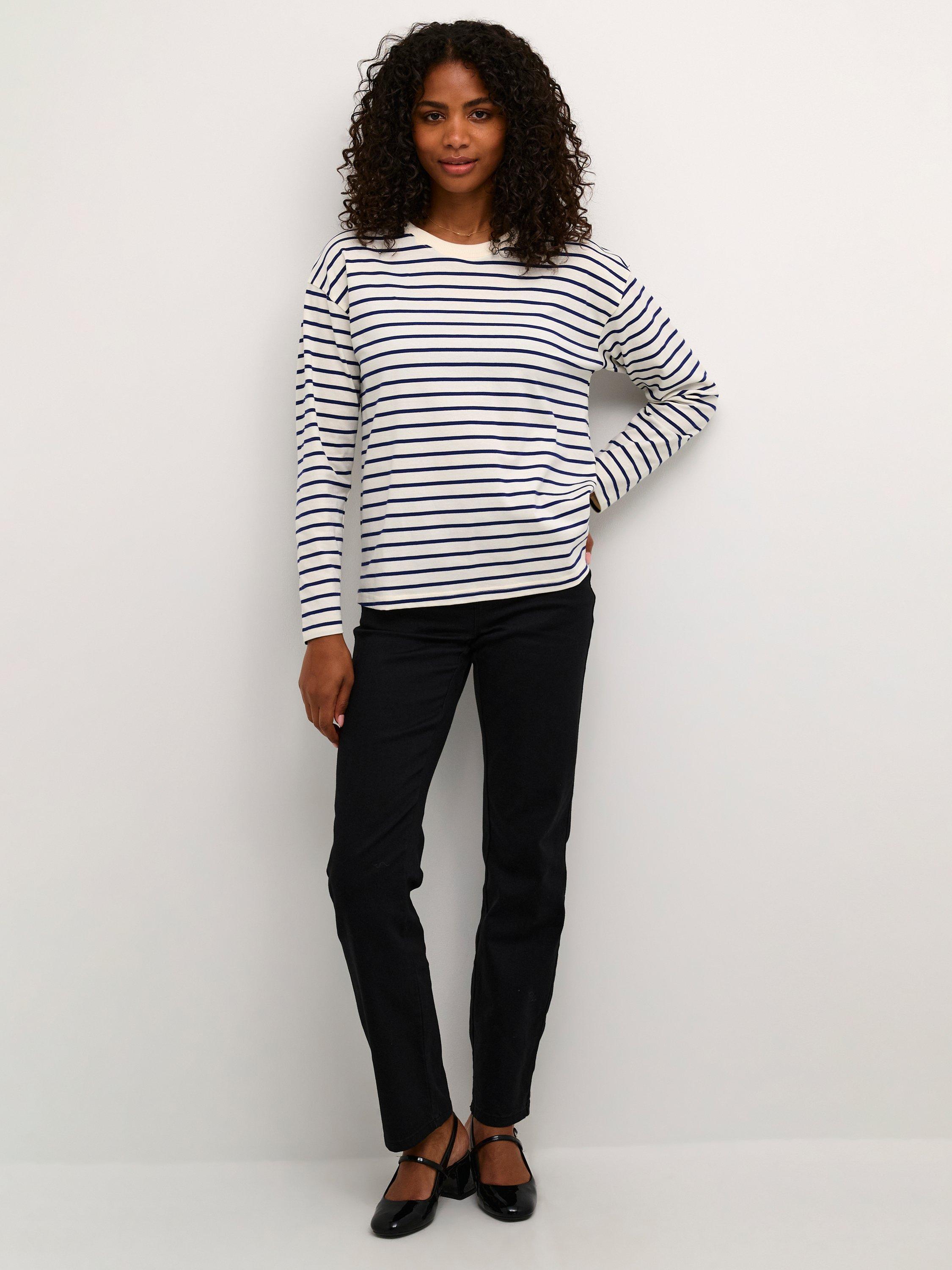 Product image 3 of 6, which shows KAFFE Winny Stripe Long Sleeve Top, Antique White/Blue, XS