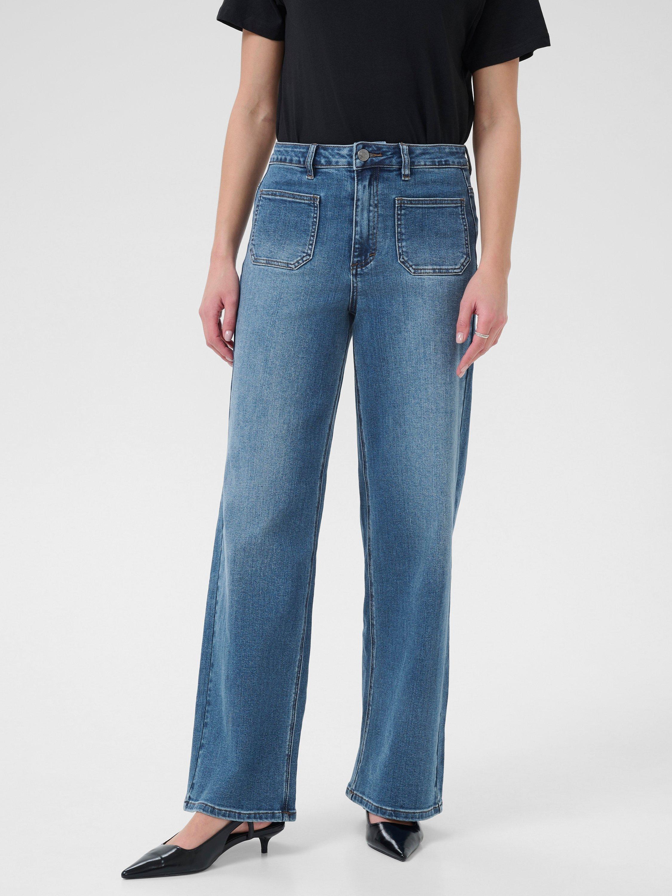 Product image 1 of 6, which shows KAFFE Brook High Waist Wide Leg Jeans, Mid Blue, 26R