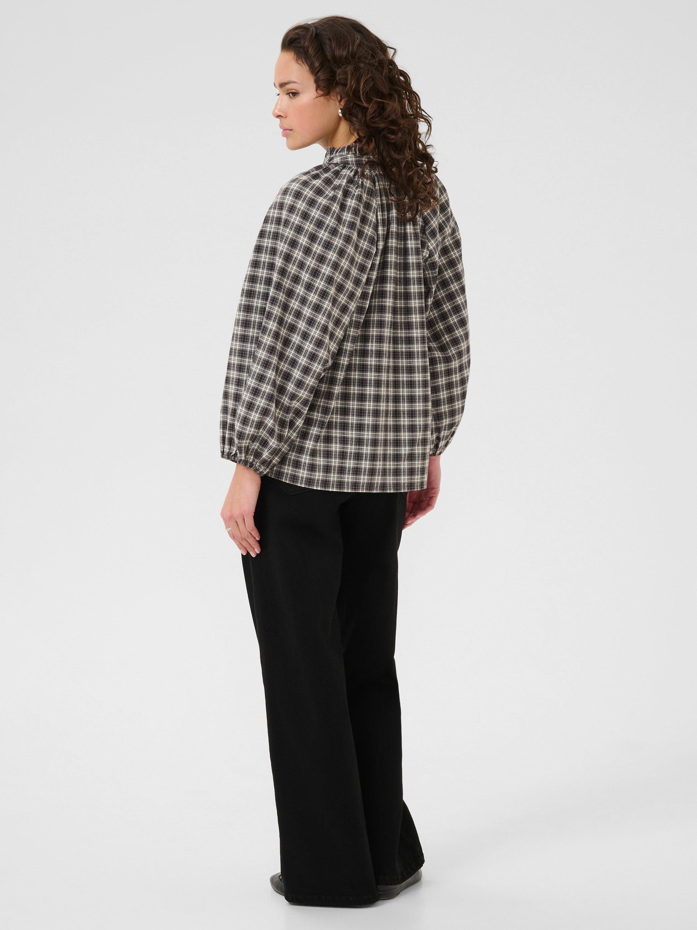 Product image 2 of 6, which shows KAFFE Elna Cotton Check Long Sleeve Blouse, Black/Multi, 8