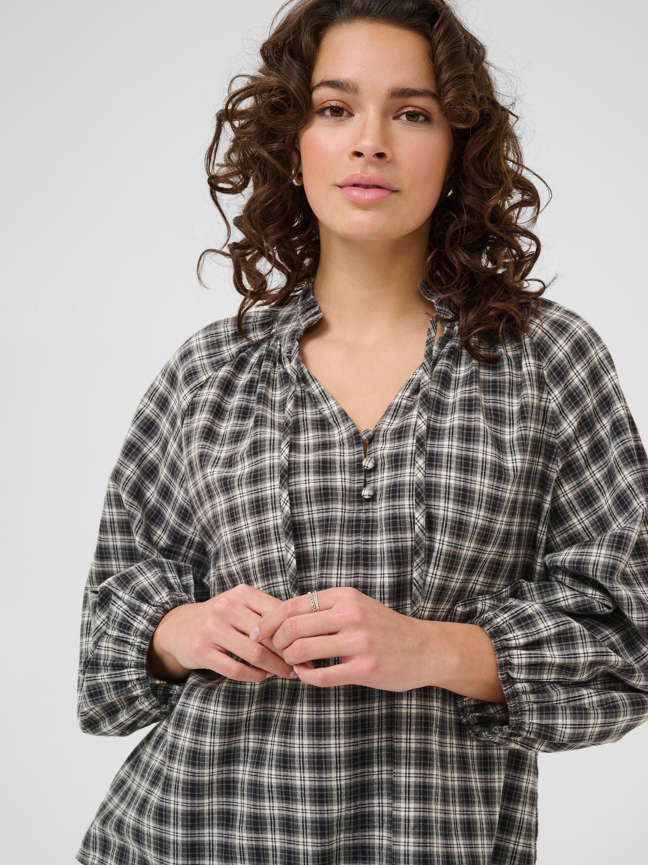 Product image 4 of 6, which shows KAFFE Elna Cotton Check Long Sleeve Blouse, Black/Multi, 8