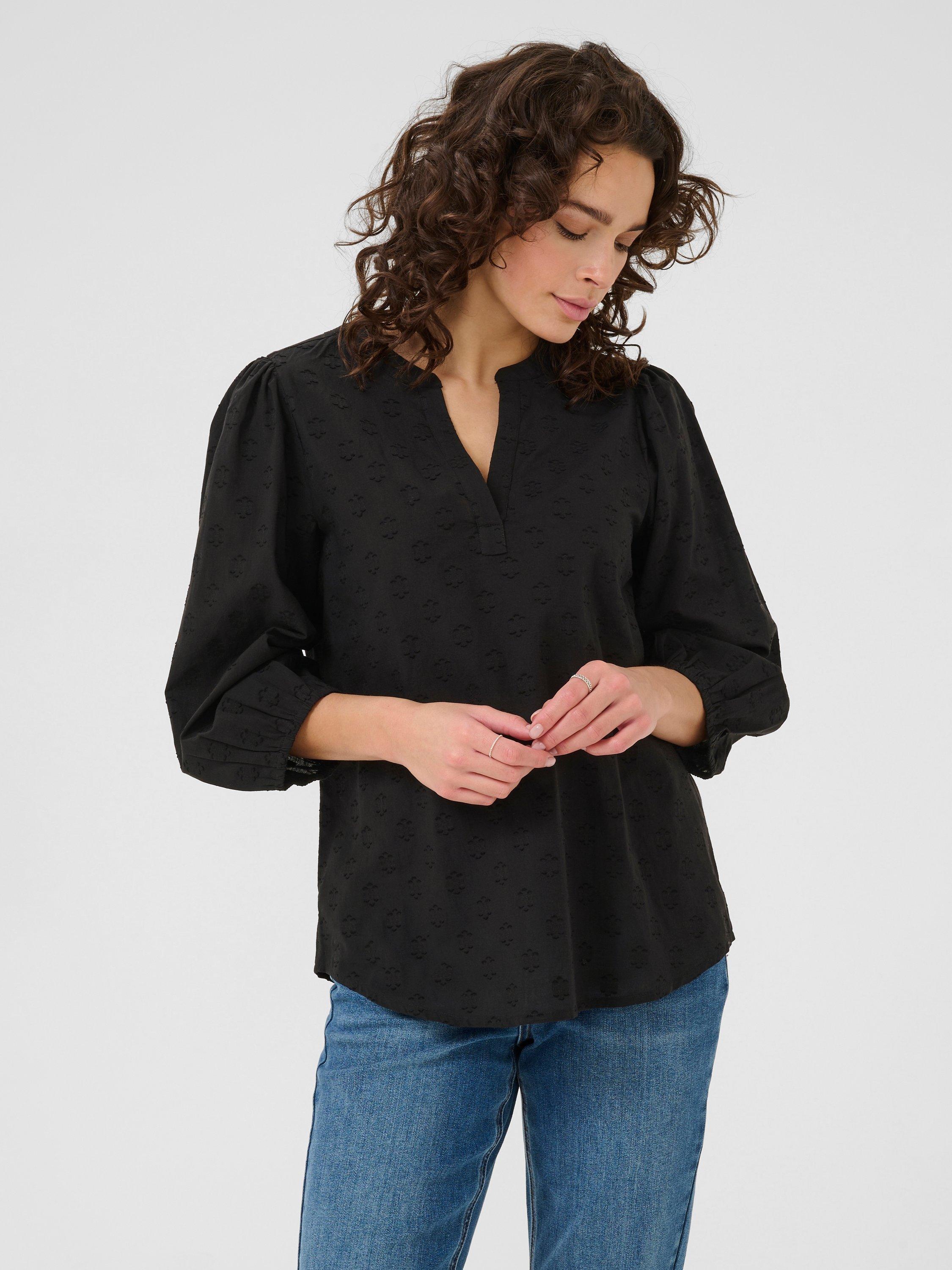 Product image 1 of 6, which shows KAFFE Enya Cotton V-Neck Blouse, Black, 8