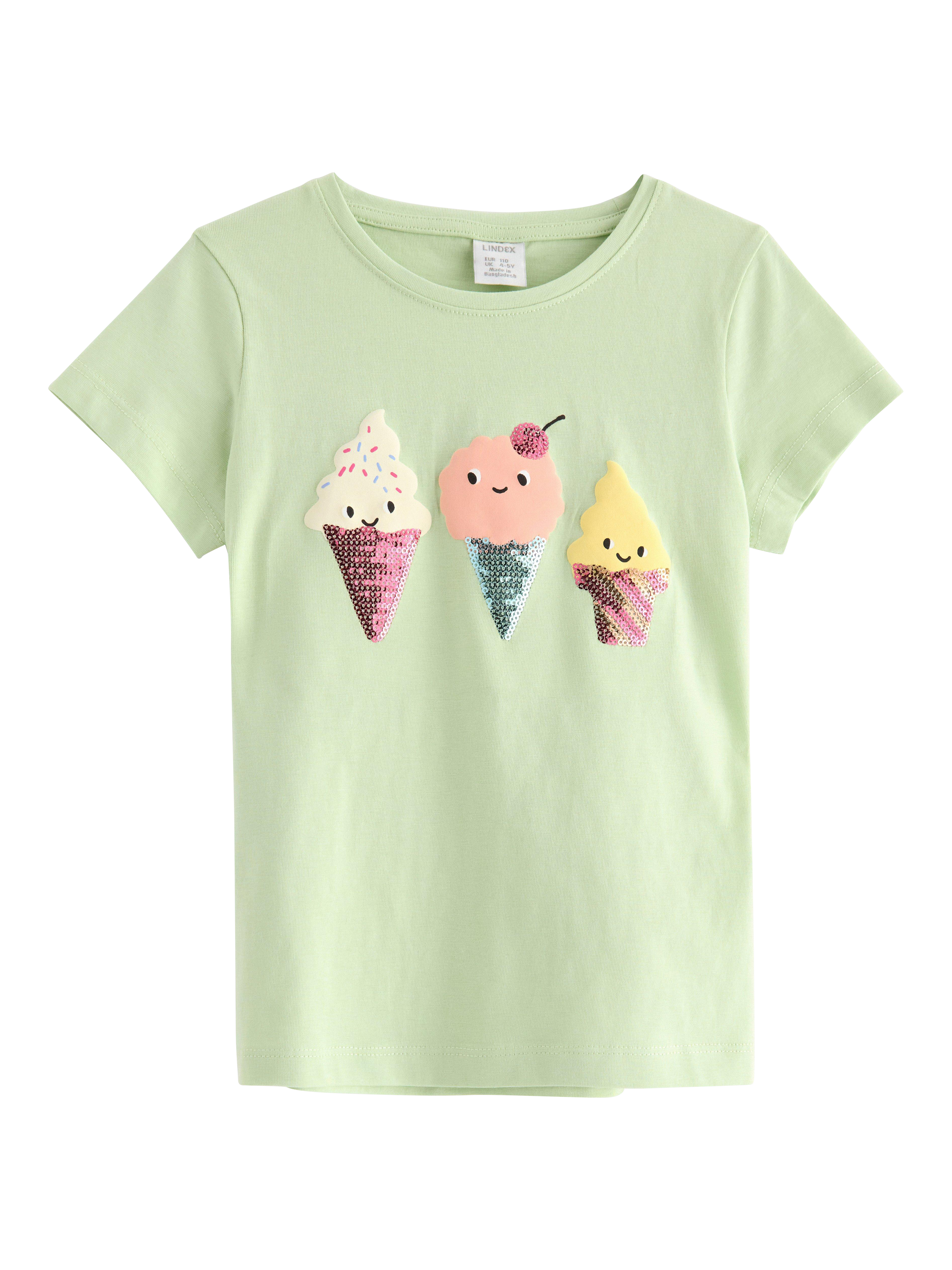 Product image 3 of 5, which shows Lindex Kids' Ice Cream Sequin T-Shirt, Light Green, 2-3 years