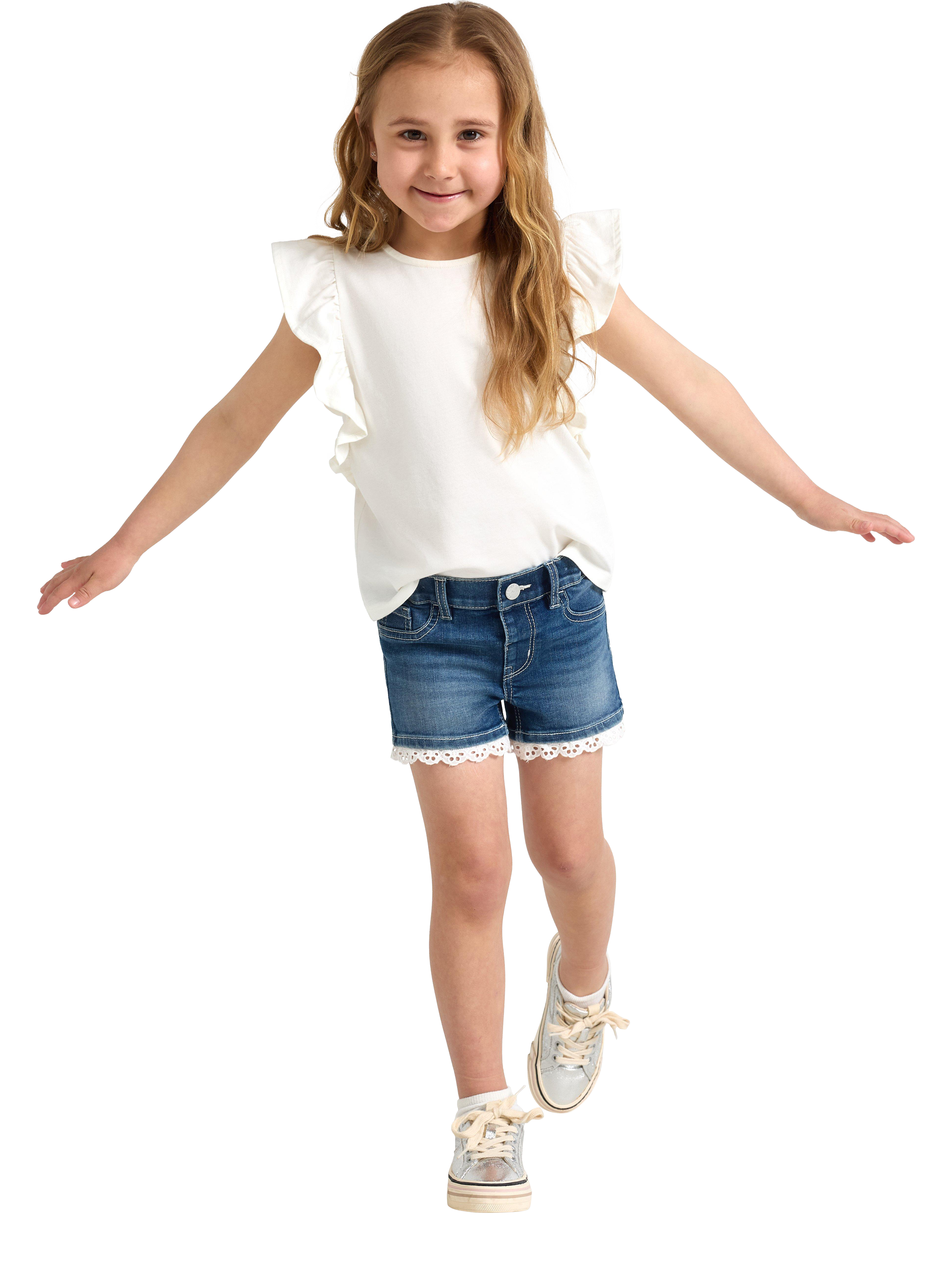 Product image 1 of 6, which shows Lindex Kids' Lace Hem Denim Shorts, Denim, 18-24 months