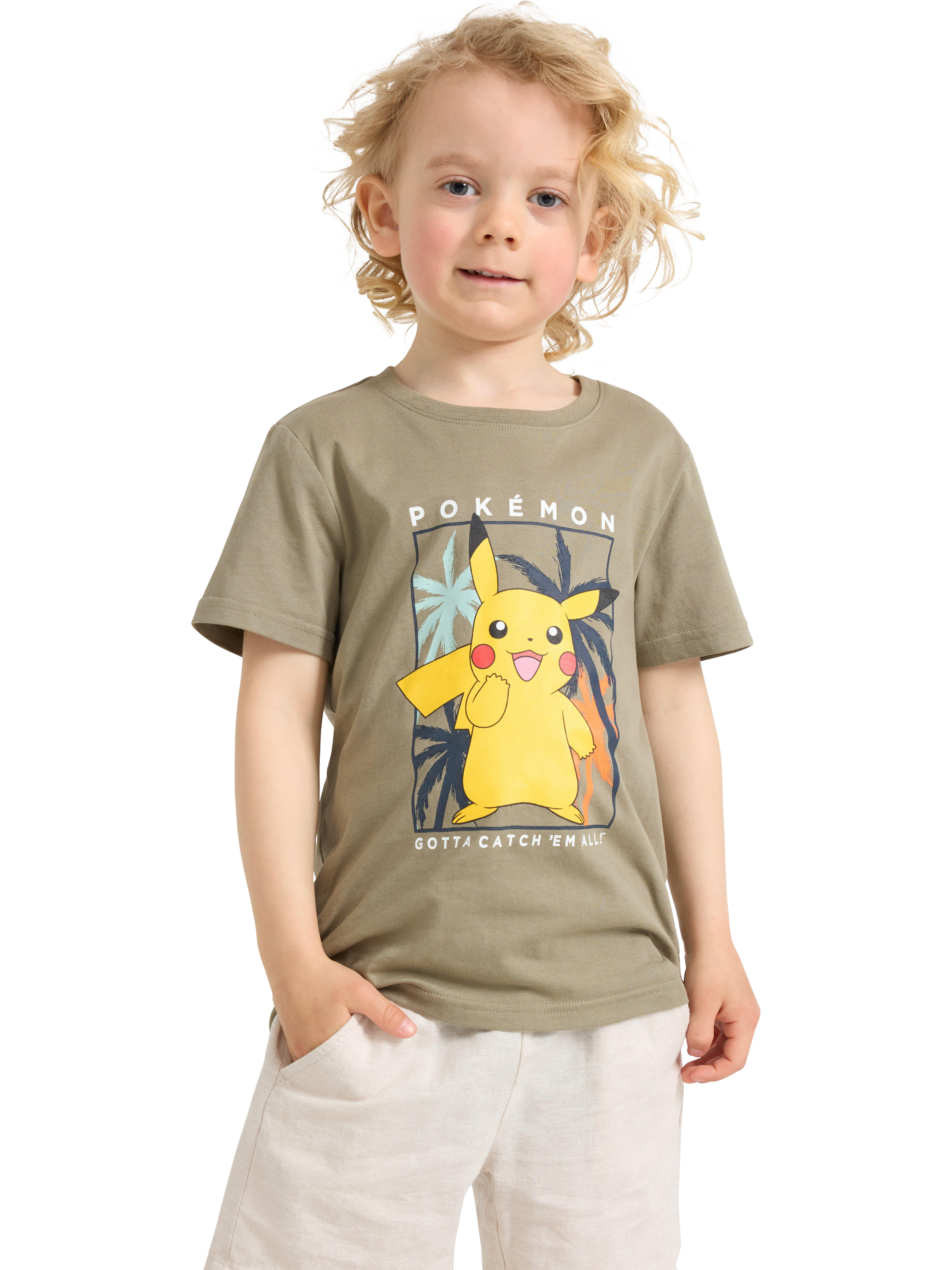 Product image 1 of 6, which shows Lindex Kids' Pokémon Pikachu Print T-Shirt, Light Dusty Khaki, 2-4 years
