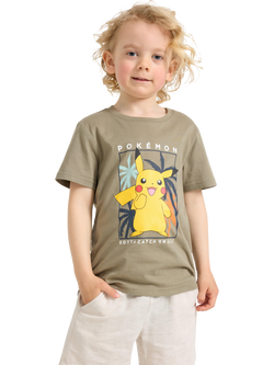 Lindex Kids' Pokémon Pikachu Print T-Shirt, Light Dusty Khaki, Light Dusty Khaki