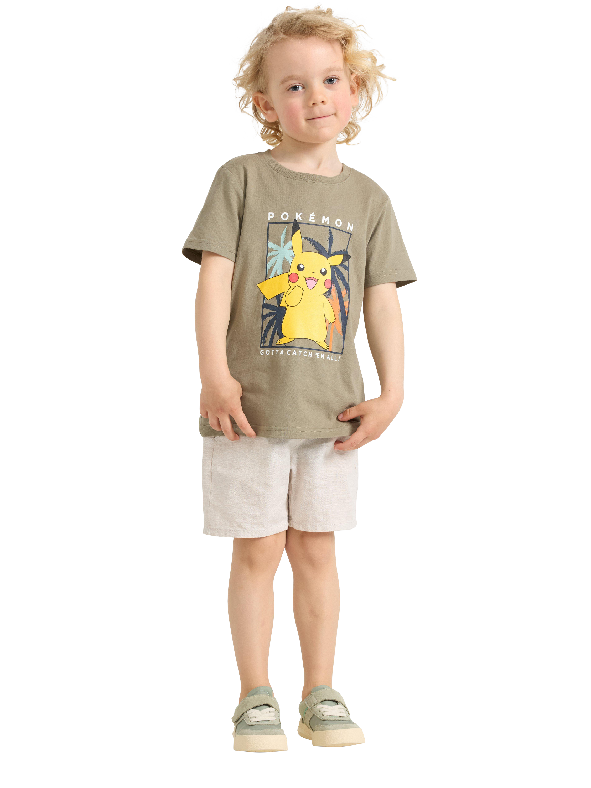 Product image 3 of 6, which shows Lindex Kids' Pokémon Pikachu Print T-Shirt, Light Dusty Khaki, 2-4 years