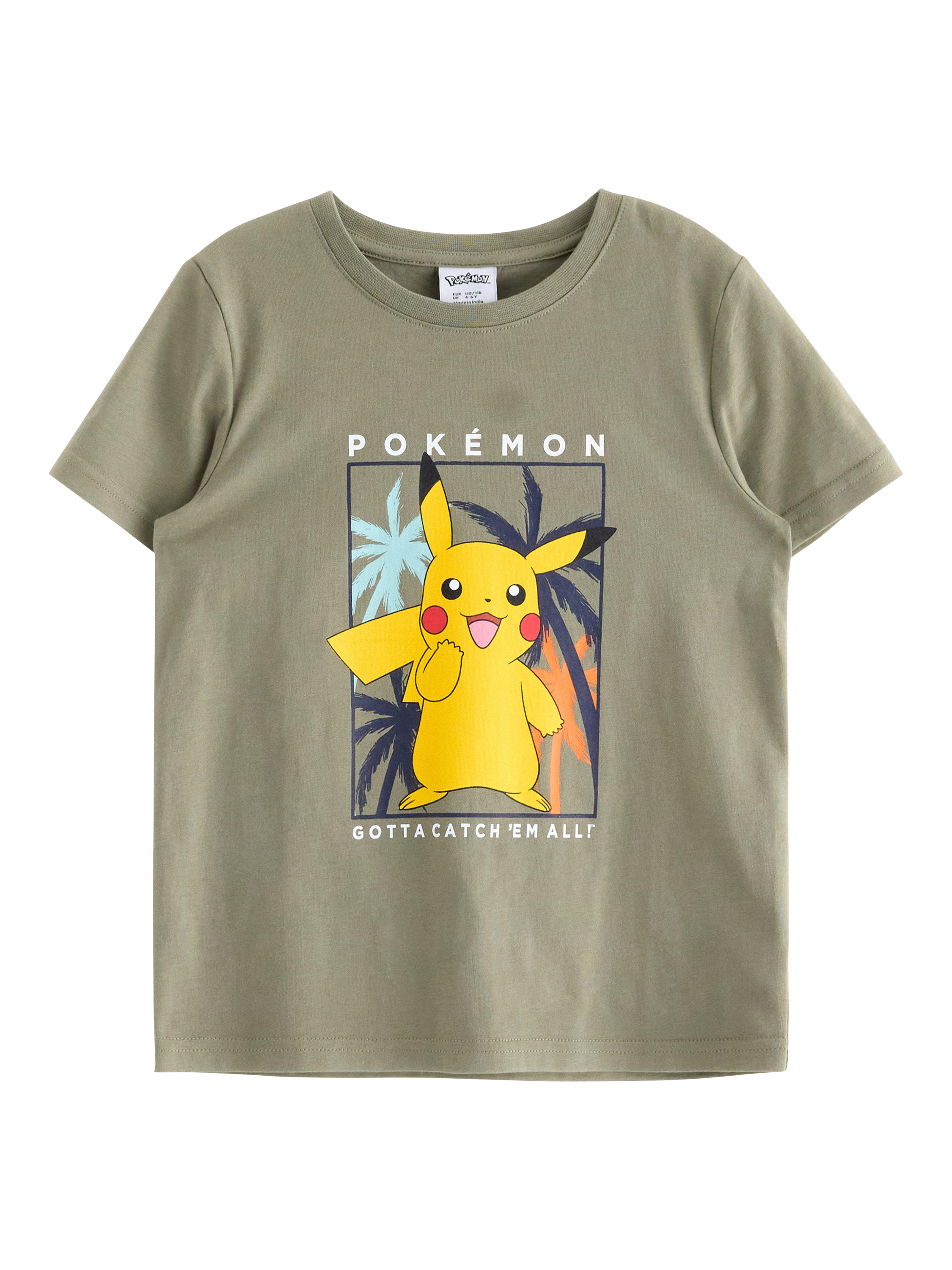 Product image 4 of 6, which shows Lindex Kids' Pokémon Pikachu Print T-Shirt, Light Dusty Khaki, 2-4 years