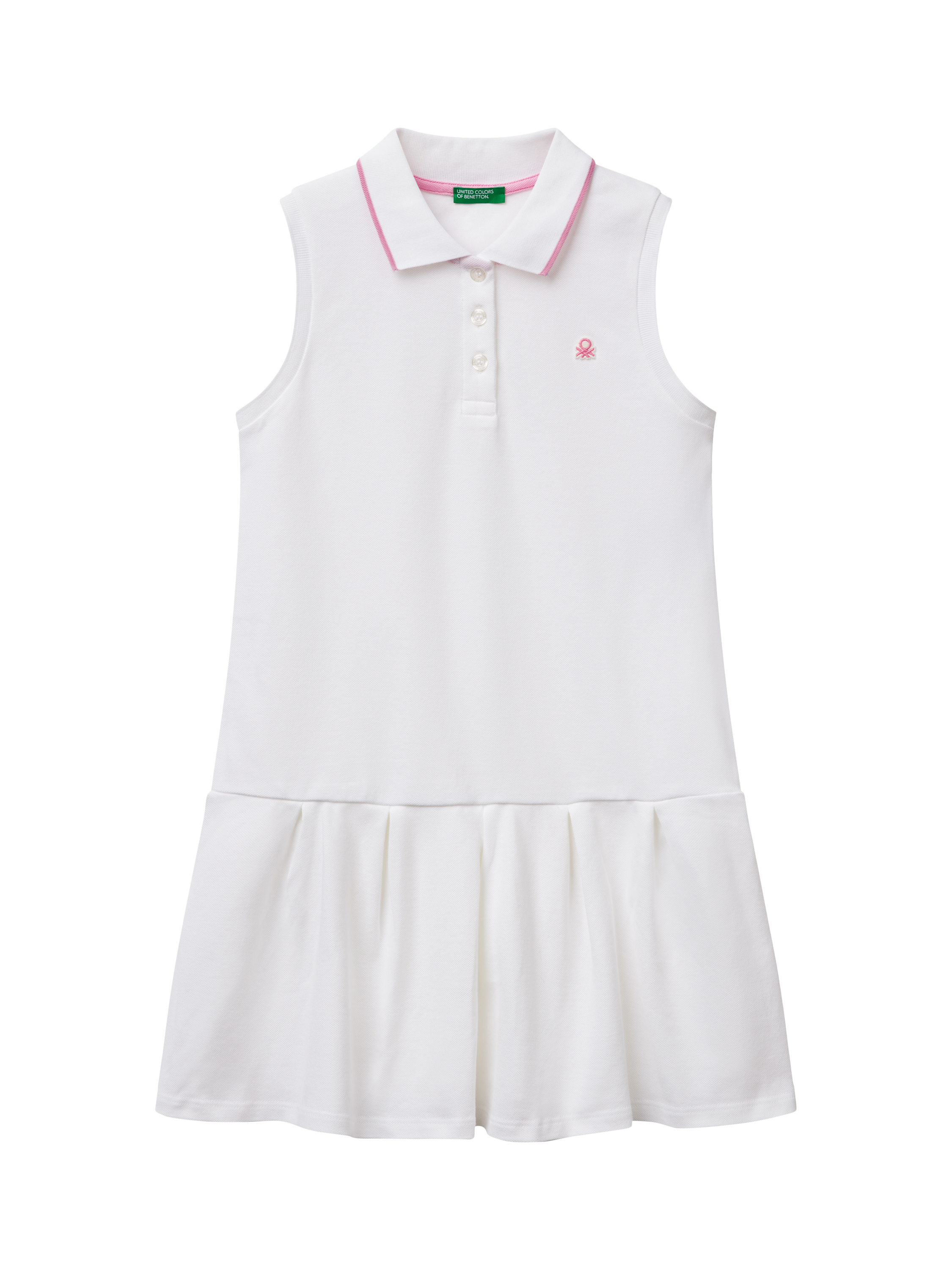 Product image 1 of 3, which shows Benetton Kids' Cotton Pique Sleeveless Polo Dress, Optical White, 6-7 years