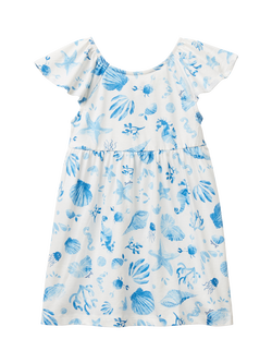 Benetton Kids' Cotton Short Sleeved Seashell Print Dress, Multicolor, Multicolor