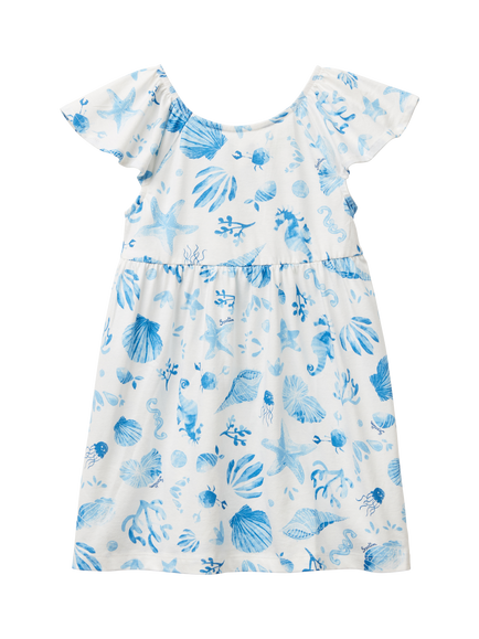 Benetton Kids' Cotton Short Sleeved Seashell Print Dress, Multicolor, Multicolor