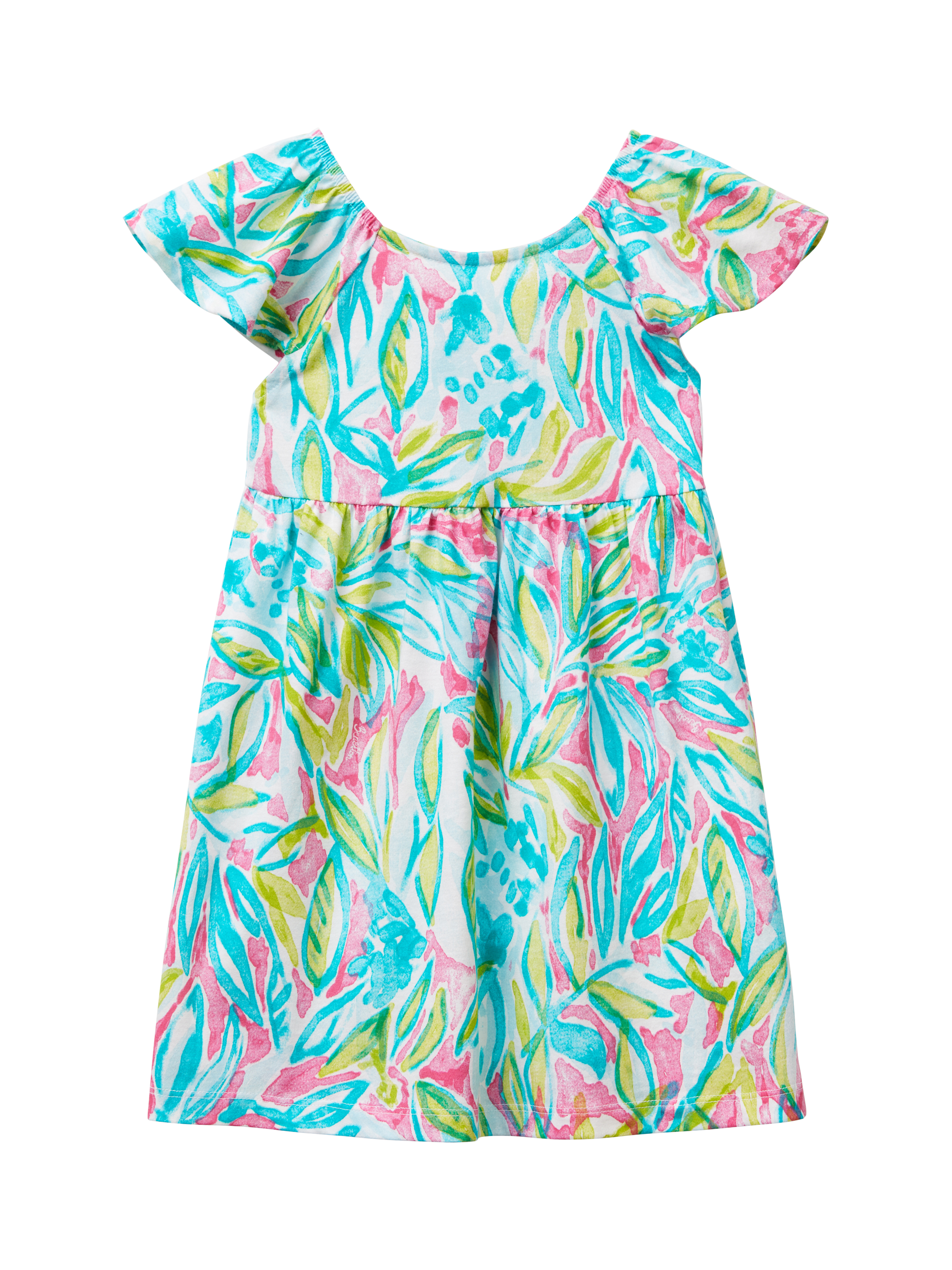 Product image 1 of 3, which shows Benetton Kids' Cotton Short Sleeved Leaf Print Dress, Turquoise/Multi, 18-24 months
