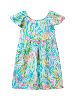Benetton Kids' Cotton Short Sleeved Leaf Print Dress, Turquoise/Multi
