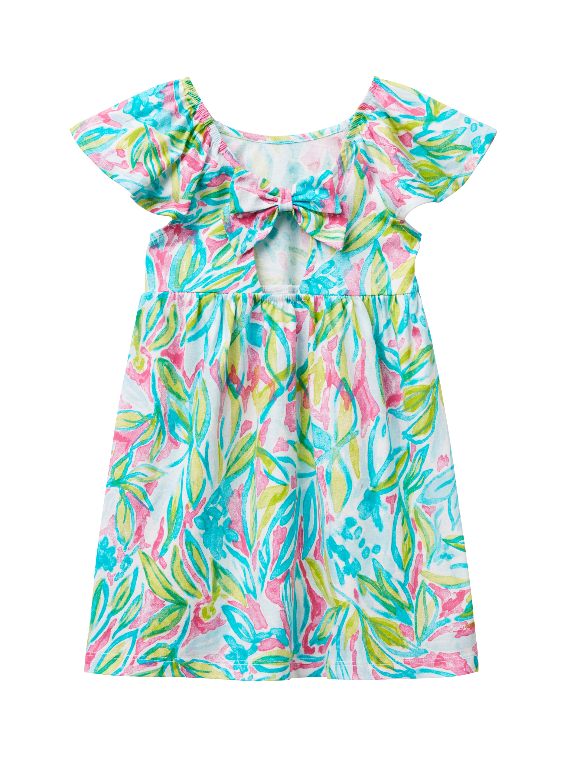 Product image 2 of 3, which shows Benetton Kids' Cotton Short Sleeved Leaf Print Dress, Turquoise/Multi, 18-24 months