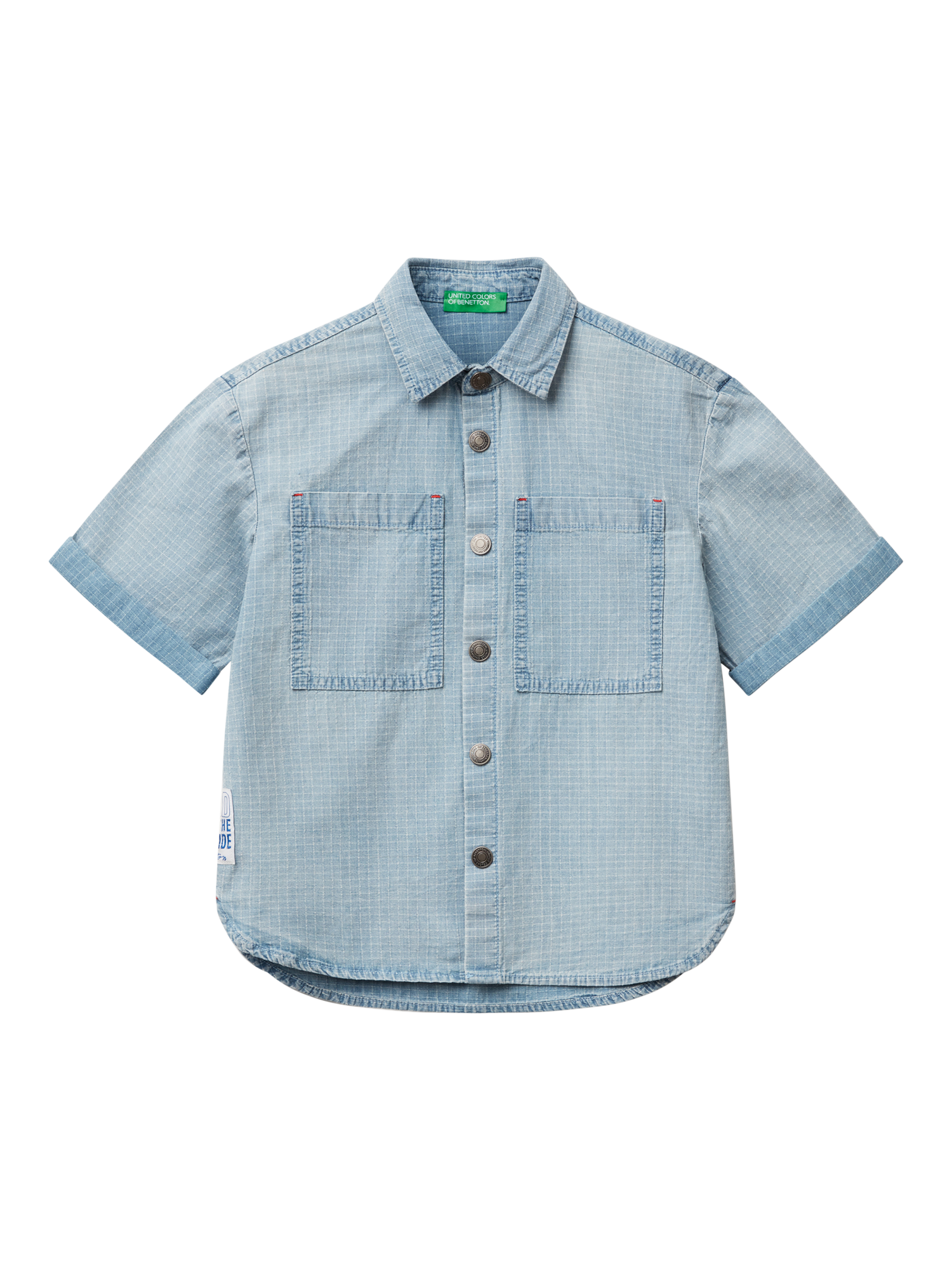 Product image 1 of 3, which shows Benetton Kids' Cotton Chambray Short Sleeved Checked Shirt, Sky Blue, 6-7 years