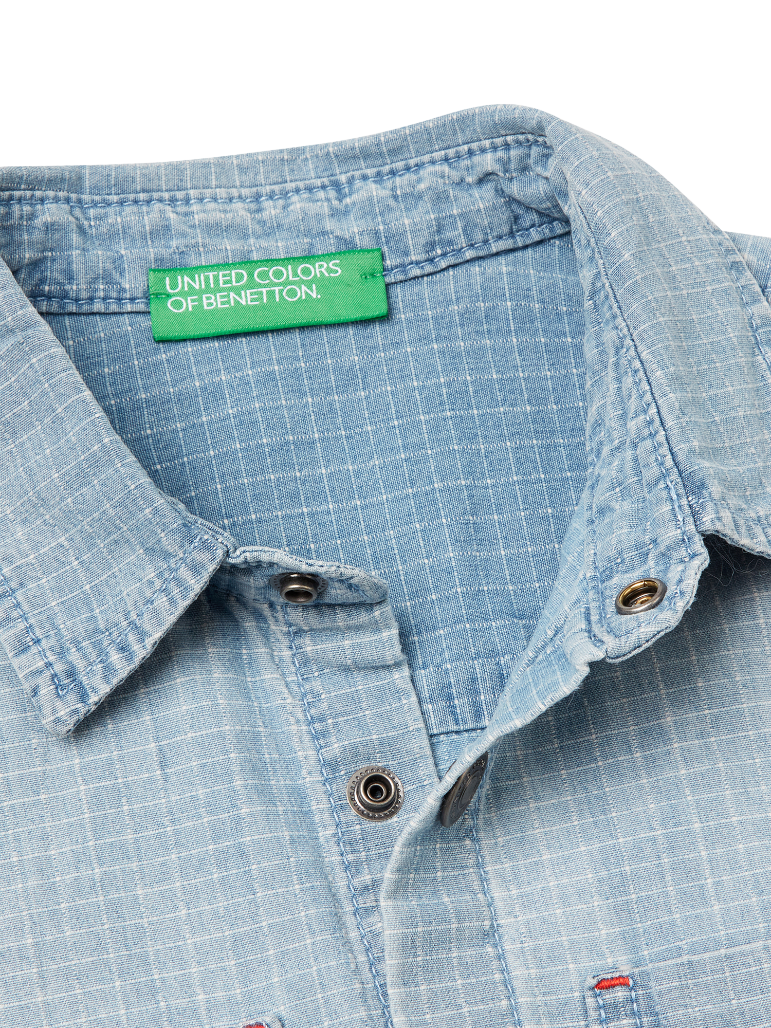 Product image 3 of 3, which shows Benetton Kids' Cotton Chambray Short Sleeved Checked Shirt, Sky Blue, 6-7 years