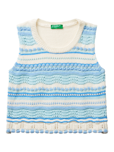 Benetton Kids' Cotton Blend Knitted Sleeveless Top, Offwhite, Offwhite