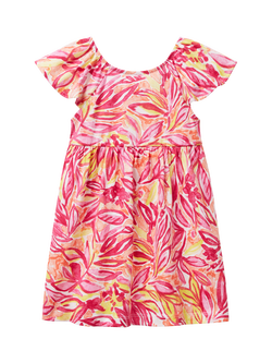 Benetton Kids' Cotton Short Sleeved Leaf Print Dress, Red/Multi