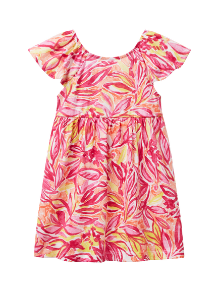 Benetton Kids' Cotton Short Sleeved Leaf Print Dress, Red/Multi