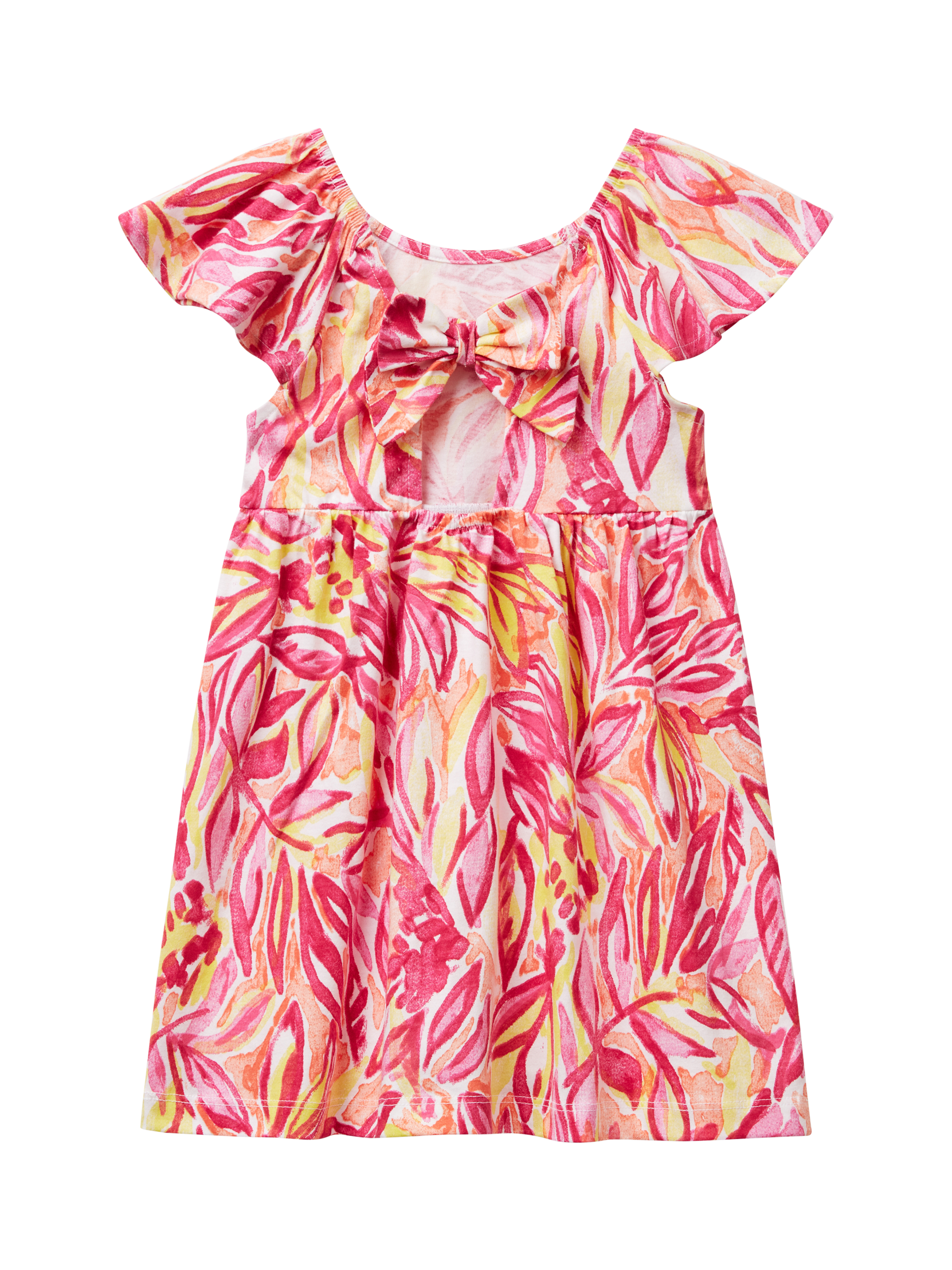 Product image 2 of 3, which shows Benetton Kids' Cotton Short Sleeved Leaf Print Dress, Red/Multi, 18-24 months