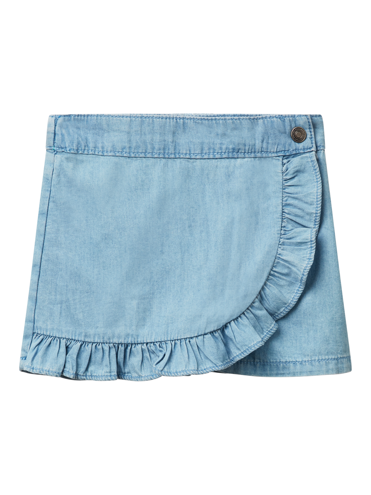 Product image 1 of 3, which shows Benetton Kids' Cotton Chambray Ruffle Shorts, Light Blue Denim, 3-4 years