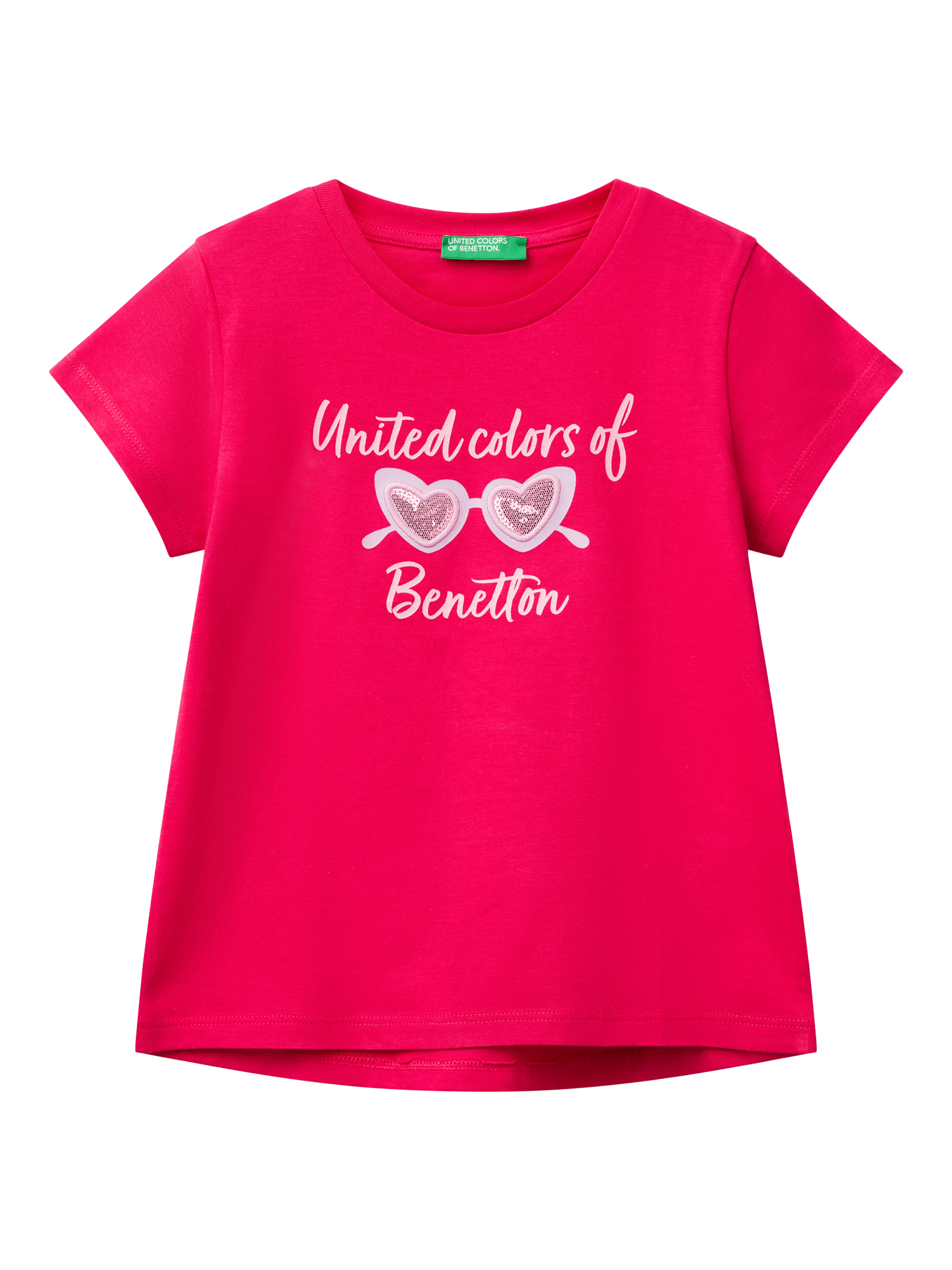 Product image 1 of 3, which shows Benetton Kids' Cotton Sequin Embellished Short Sleeved T-Shirt , Fuchsia, 3-4 years