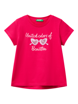 Benetton Kids' Cotton Sequin Embellished Short Sleeved T-Shirt , Fuchsia, Fuchsia