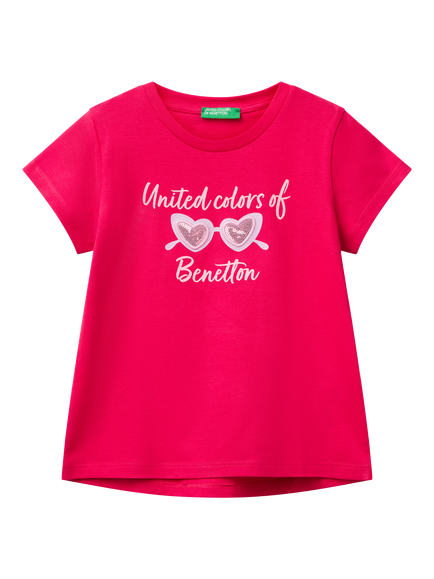 Benetton Kids' Cotton Sequin Embellished Short Sleeved T-Shirt , Fuchsia, Fuchsia