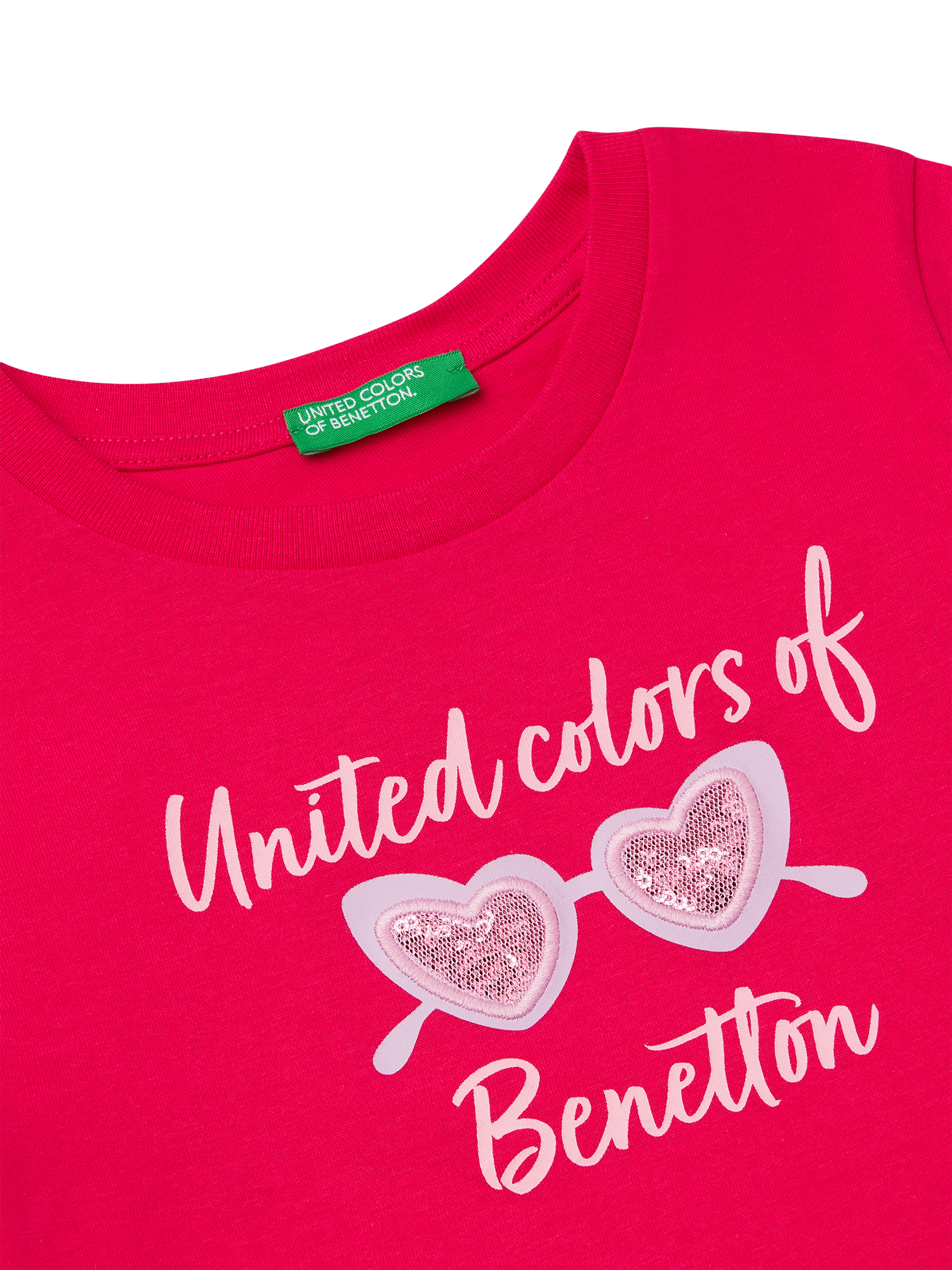 Product image 3 of 3, which shows Benetton Kids' Cotton Sequin Embellished Short Sleeved T-Shirt , Fuchsia, 3-4 years