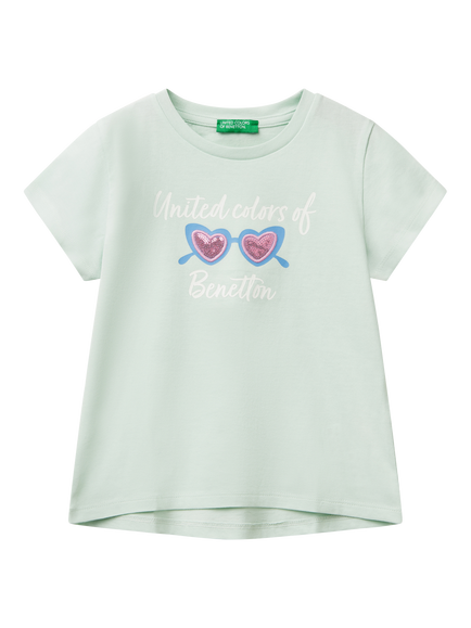 Benetton Kids' Cotton Sequin Sunglasses T-Shirt, Teal Green, Teal Green