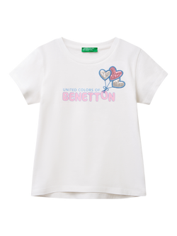 Benetton Kids' Cotton Sequin Balloon T-Shirt, Optical White, Optical White