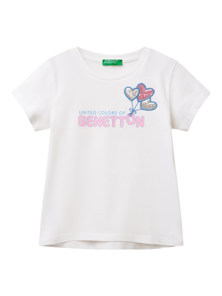 Benetton Kids' Cotton Sequin Balloon T-Shirt, Optical White, Optical White