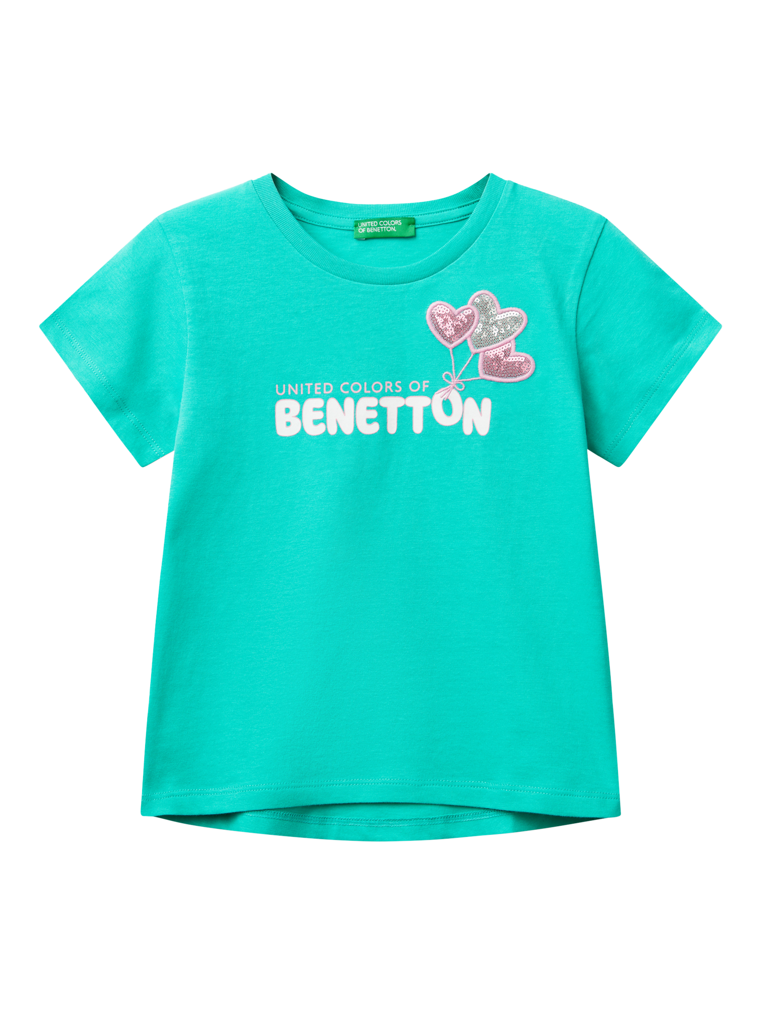 Product image 1 of 3, which shows Benetton Kids' Cotton Sequin Embellished Short Sleeved T-Shirt, Teal Green, 3-4 years