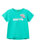 Benetton Kids' Cotton Sequin Embellished Short Sleeved T-Shirt, Teal Green