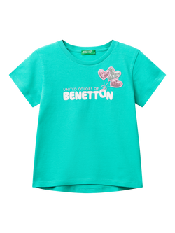 Benetton Kids' Cotton Sequin Embellished Short Sleeved T-Shirt, Teal Green, Teal Green