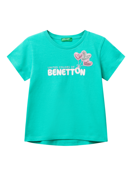 Benetton Kids' Cotton Sequin Embellished Short Sleeved T-Shirt, Teal Green, Teal Green