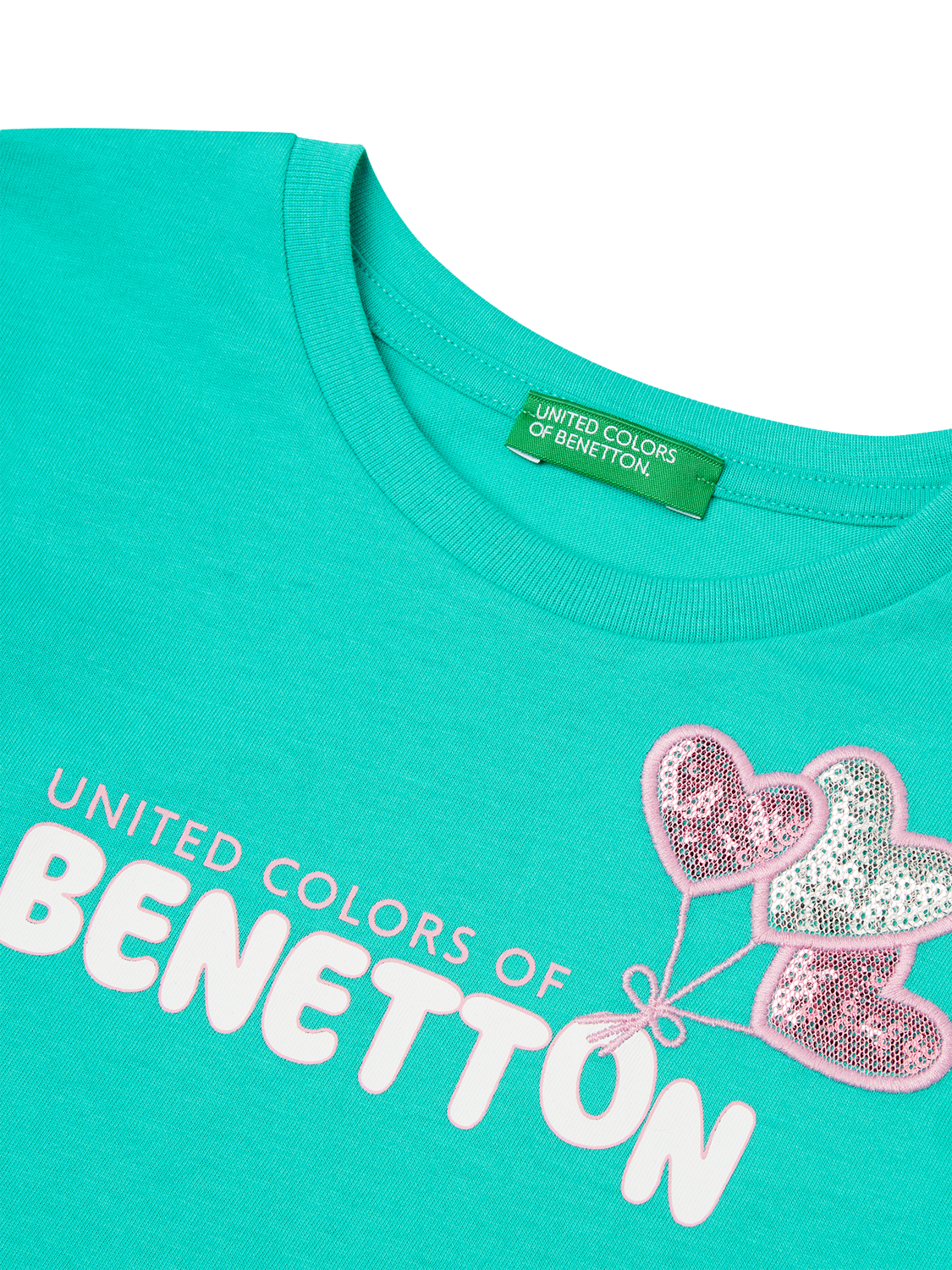 Product image 3 of 3, which shows Benetton Kids' Cotton Sequin Embellished Short Sleeved T-Shirt, Teal Green, 3-4 years