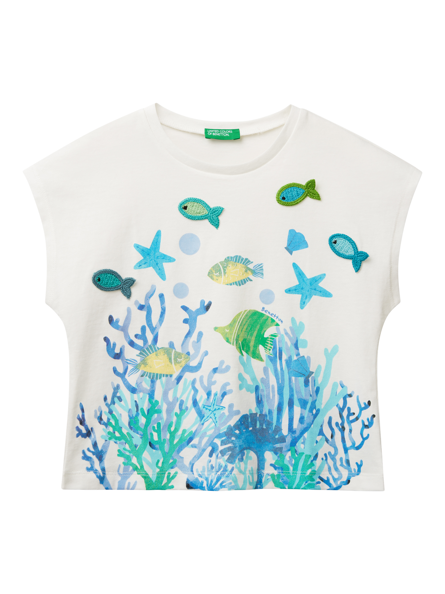 Product image 1 of 3, which shows Benetton Kids' Cotton Sequin Tropical Fish T-Shirt, Offwhite, 12-18 months