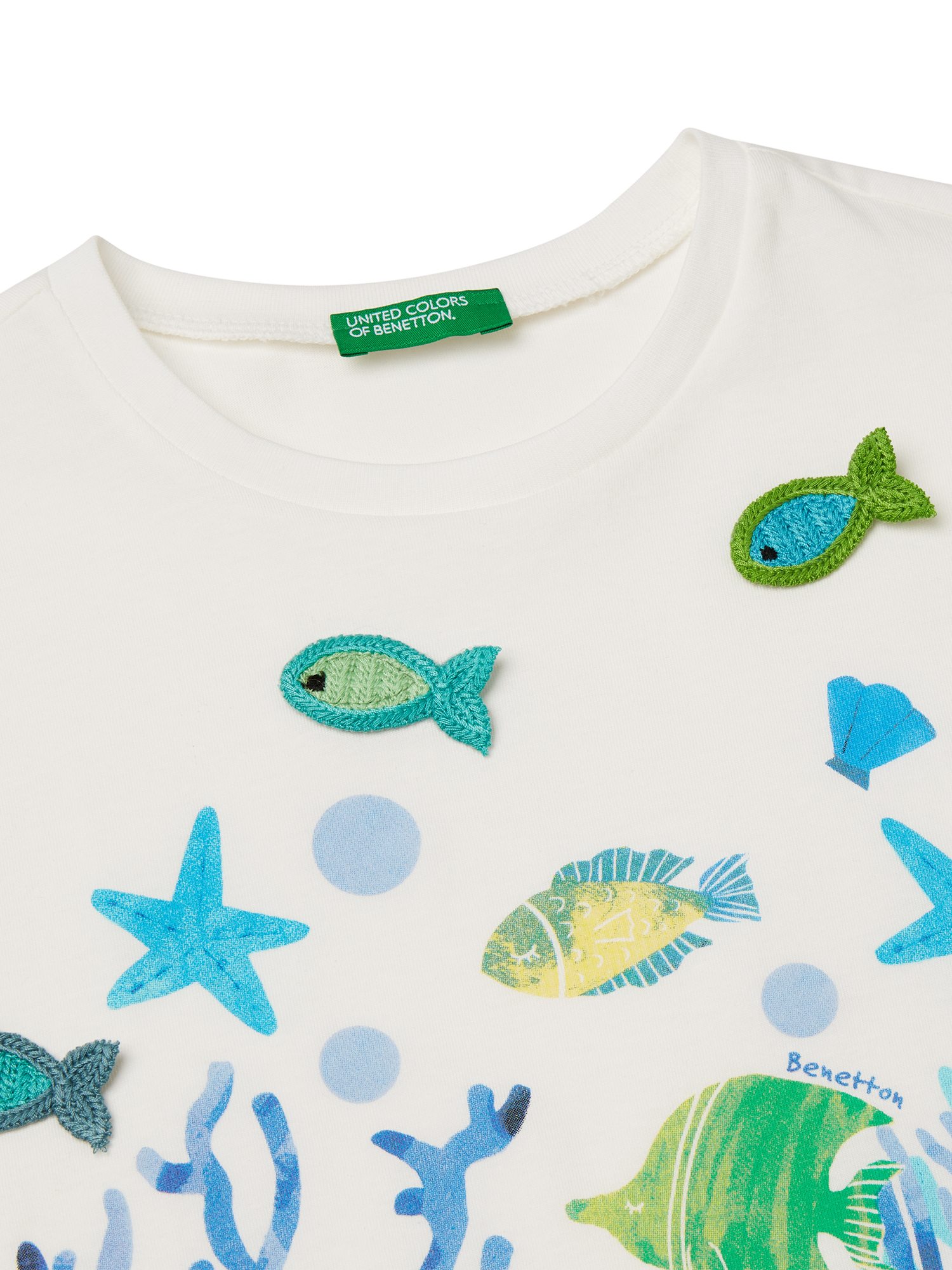 Product image 3 of 3, which shows Benetton Kids' Cotton Sequin Tropical Fish T-Shirt, Offwhite, 12-18 months