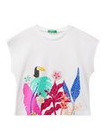 Benetton Kids' Cotton Tropical Applique Kimono T-Shirt, Optical White
