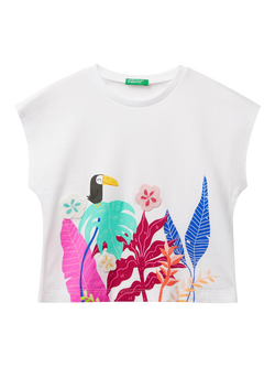 Benetton Kids' Cotton Tropical Applique Kimono T-Shirt, Optical White, Optical White