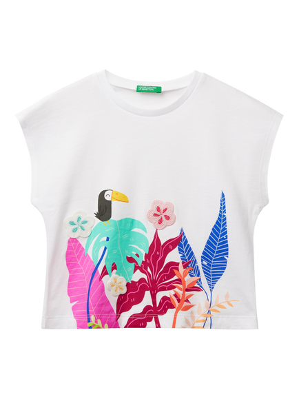 Benetton Kids' Cotton Tropical Applique Kimono T-Shirt, Optical White, Optical White