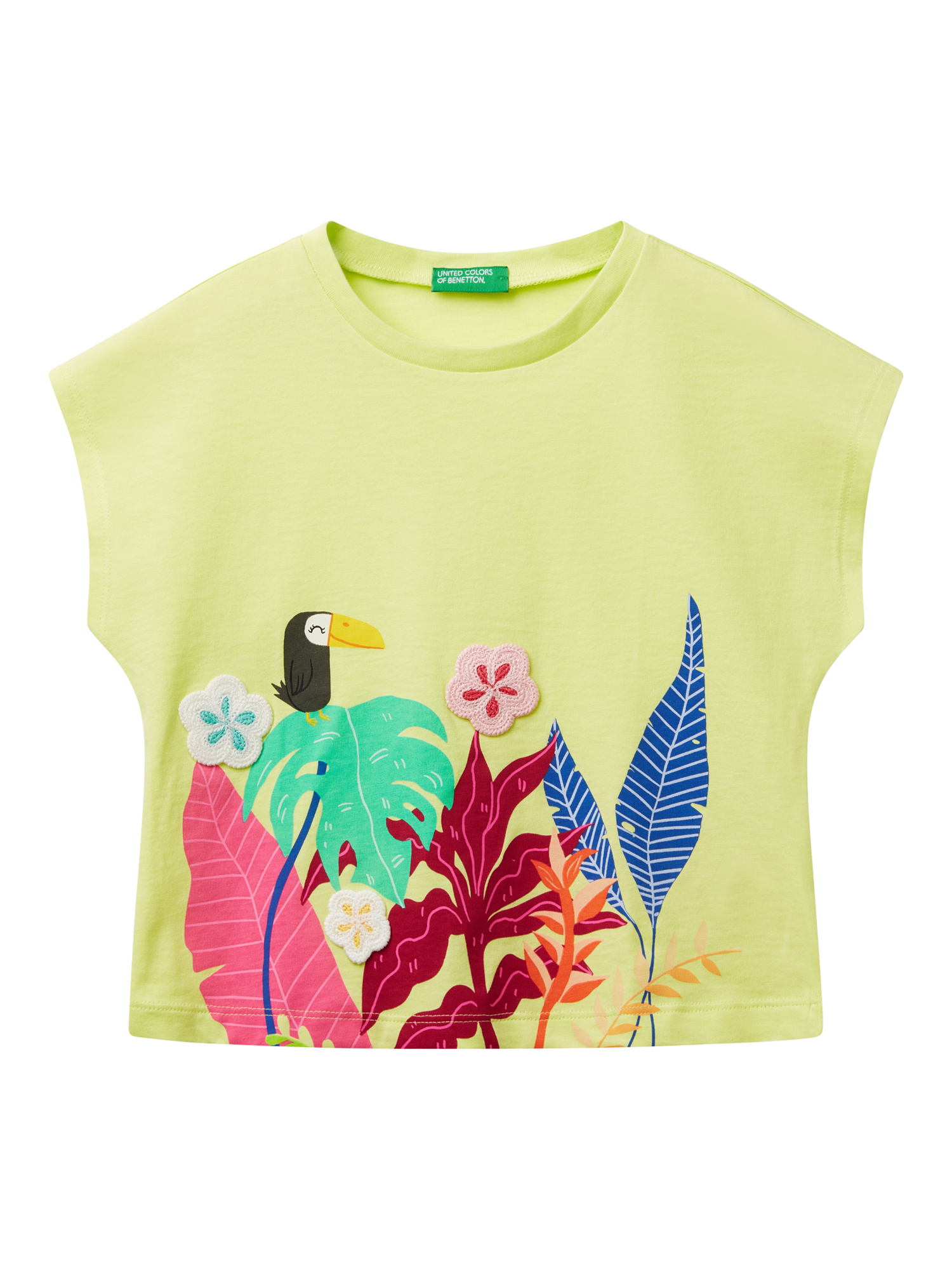 Product image 1 of 11, which shows Benetton Kids' Cotton Tropical Applique Kimono T-Shirt, Lime, 18-24 months